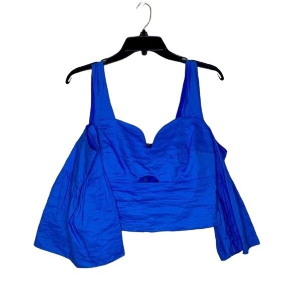 Nicole Miller Hailey Cold Shoulder Top Size Large Cropped Bell Sleeve Blue New - Picture 2 of 8